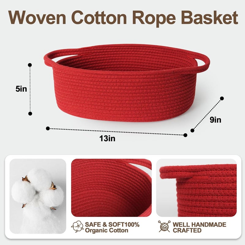 WILLITAT Small Baskets for Gifts Empty, 13"x 9"x 5" Woven Gift Basket with Bag and Ribbon, Cotton Rope Kids Dog Cat Toy Bin Box, Cute Baby Nursery Organizer, Decorative Storage with Handles, Red - Image 3